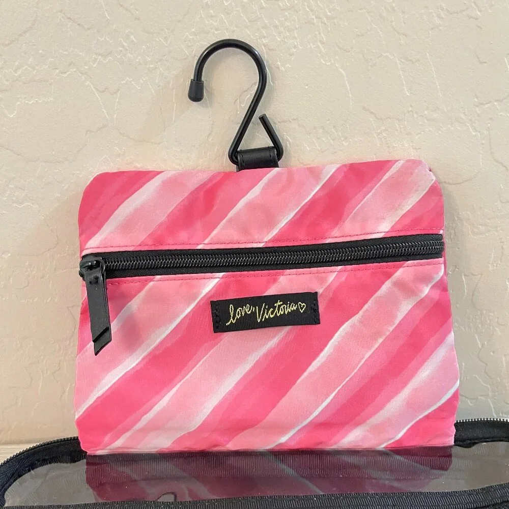 Victoria's Secret Makeup Cosmetic Accessory Bag Pink Stripe 3 Section Bag Hanger
